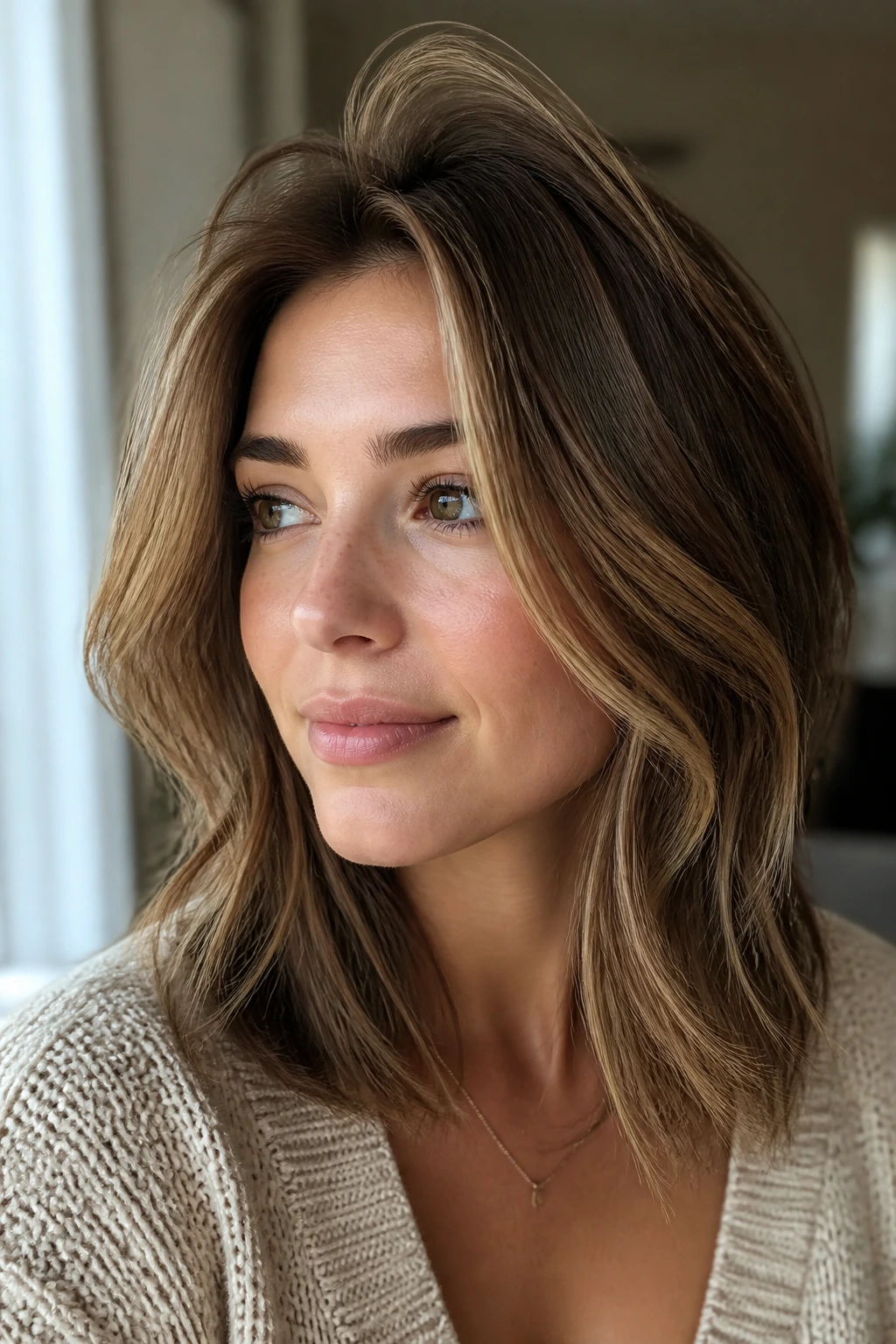 Close-up of shoulder-length hair with crown lift on a real woman
