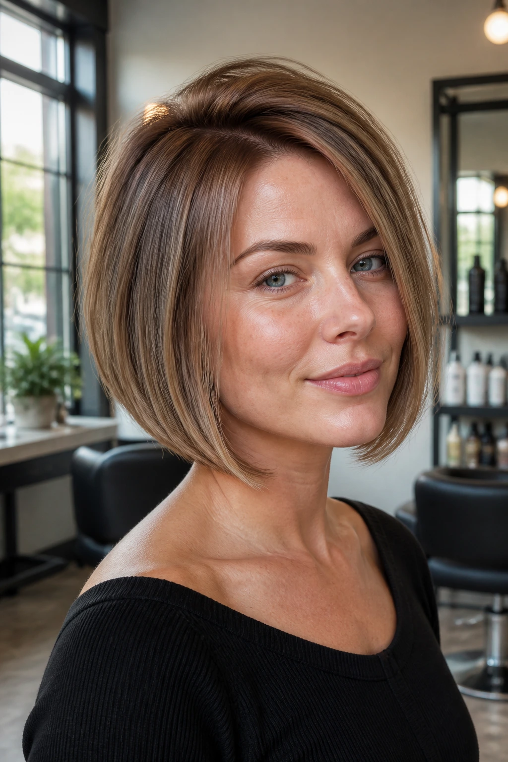 Portrait showing crown lift and shaped bob on a real woman