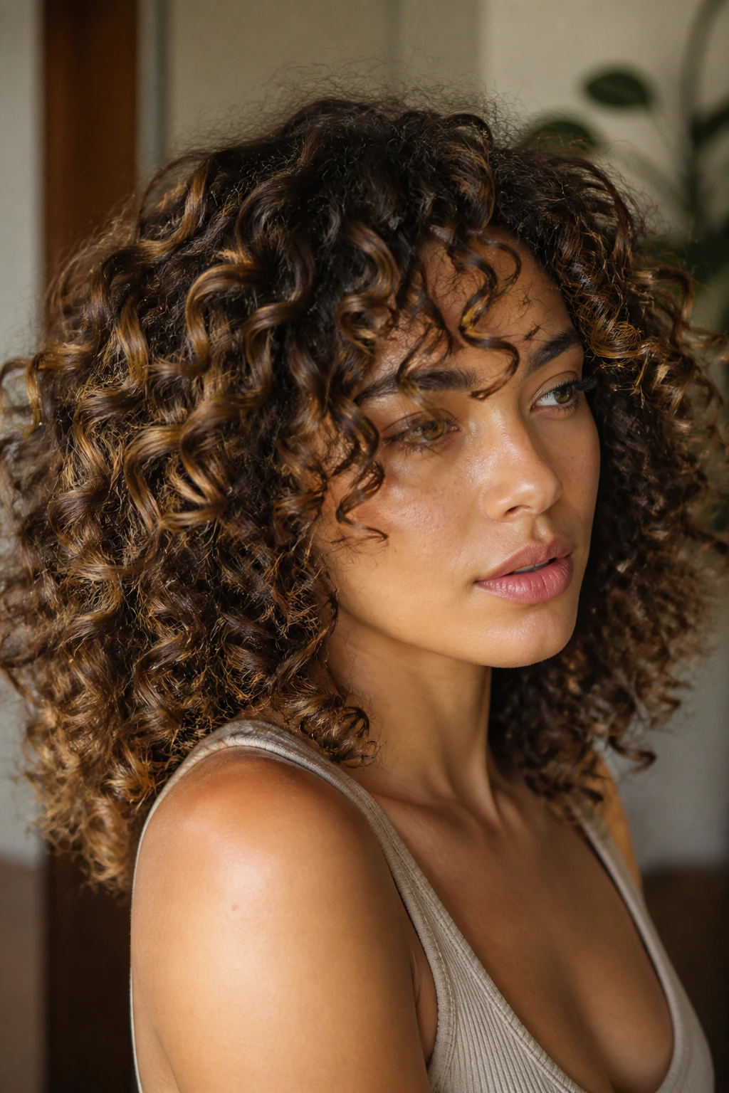 Close-up of curly hair showing shape that lets color breathe and color distribution