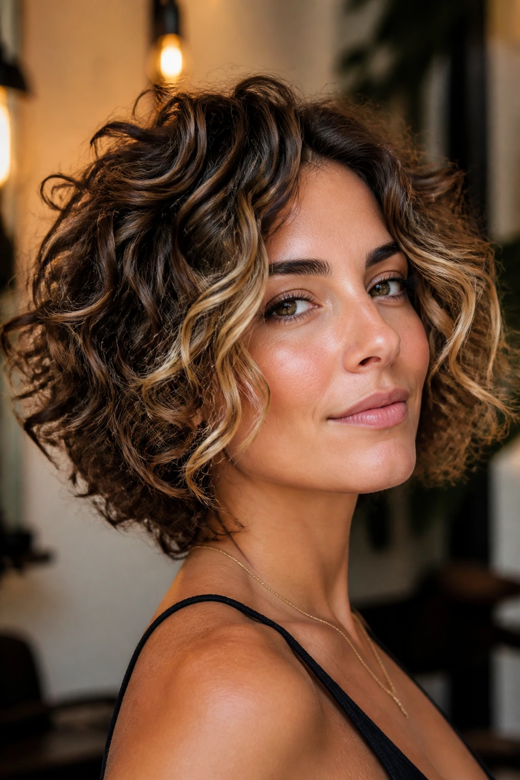 Portrait showing shape and color interplay in curly bob with money piece highlights