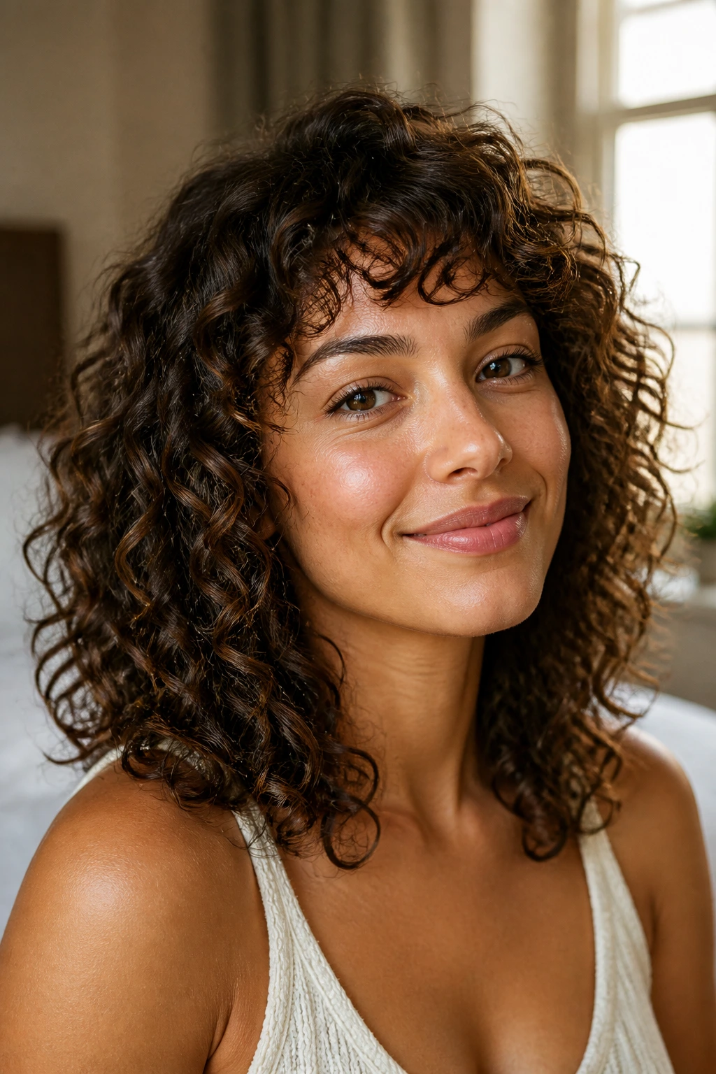 Close-up portrait of a real woman with curly hair shape, lit by warm window light in a bedroom.