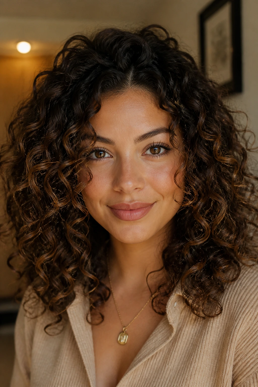 Close-up of a person with a shape-focused curly hairstyle that frames the face.