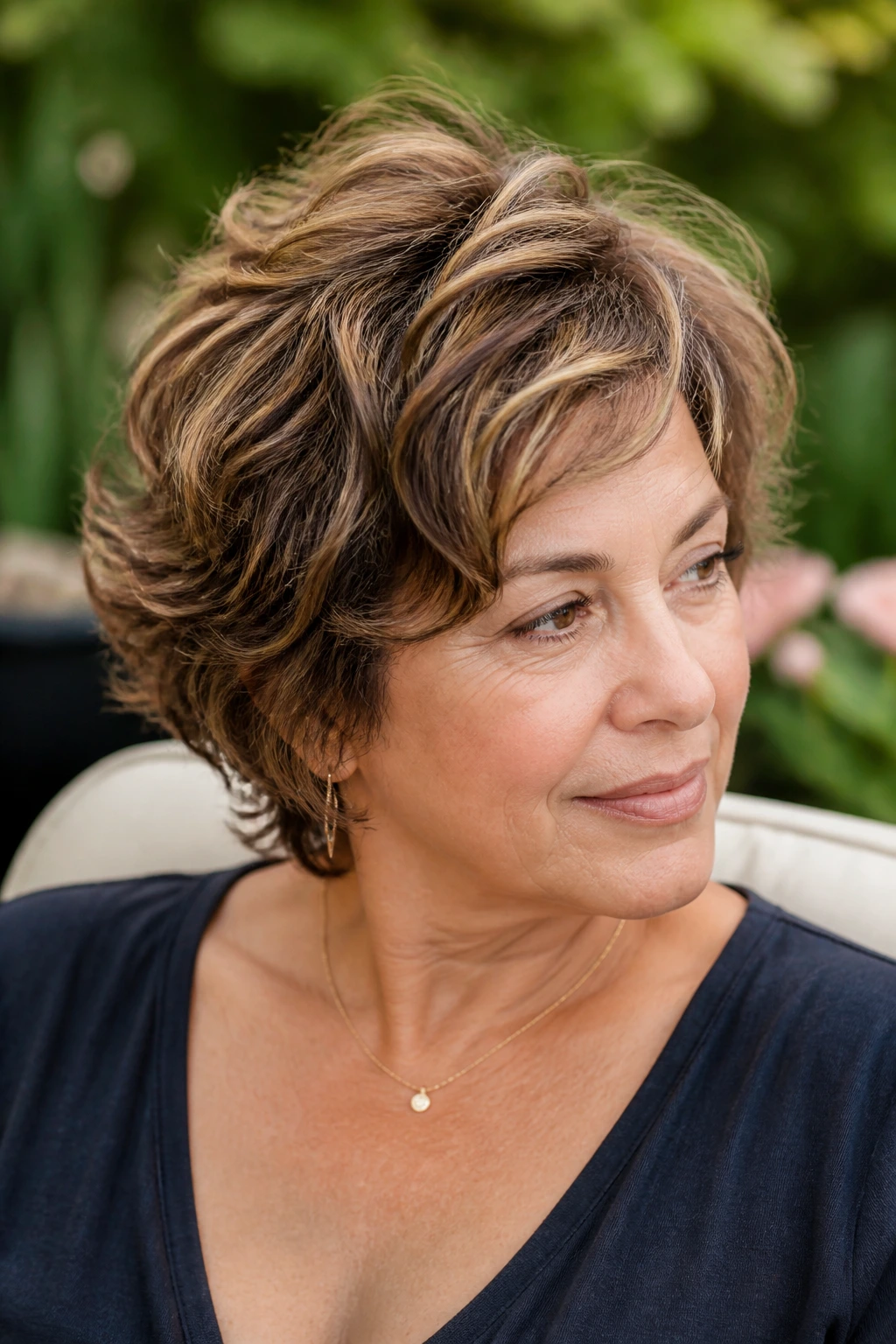 Close-up of a real person showing shape over weight in thinning wavy hair with caramel highlights
