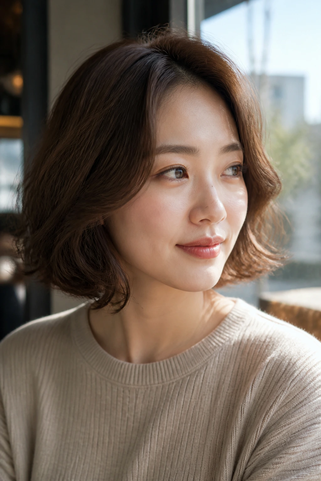 Portrait of a real woman with a shaping bob elongating her face