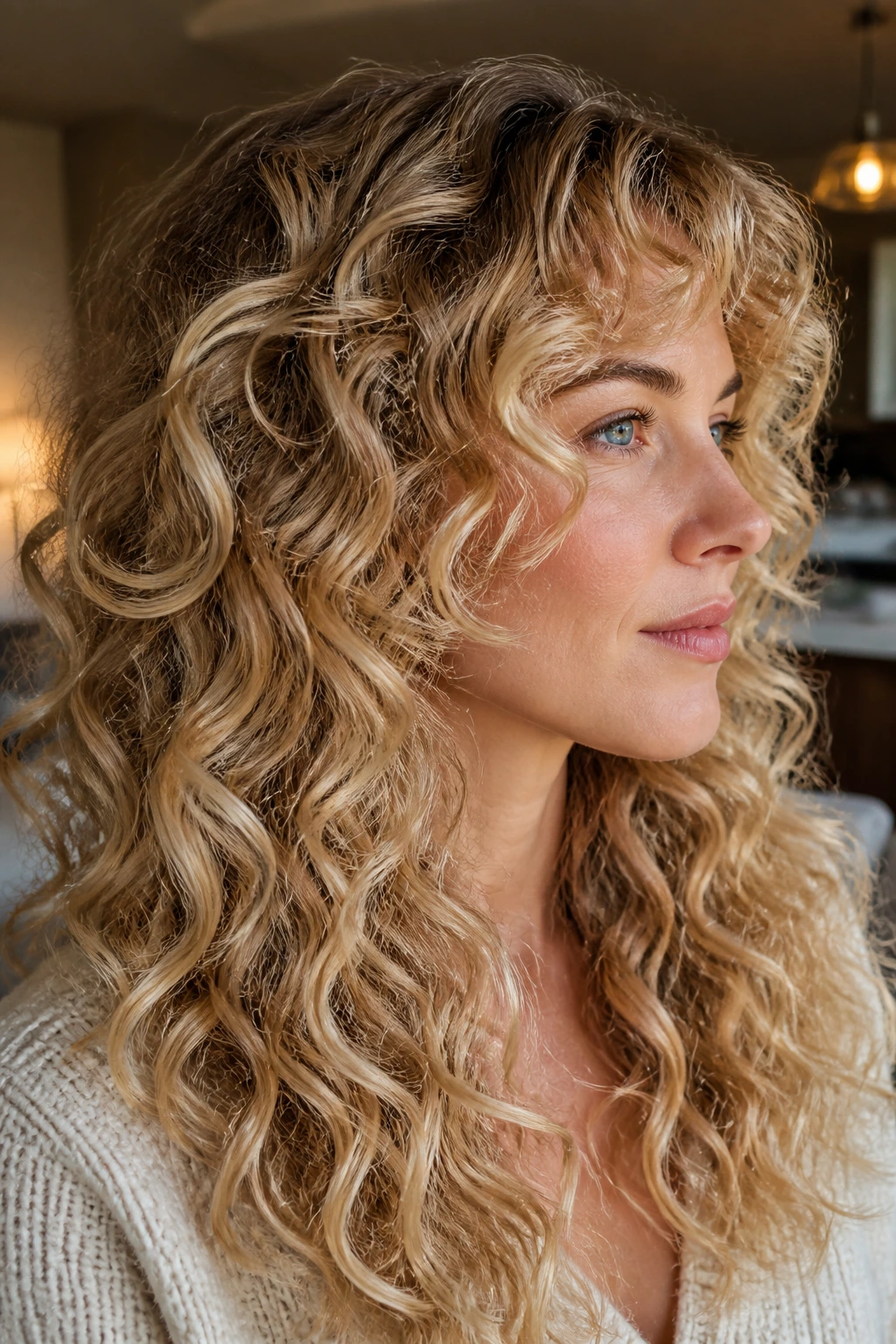 Profile portrait showing how shaped curls enhance face shape