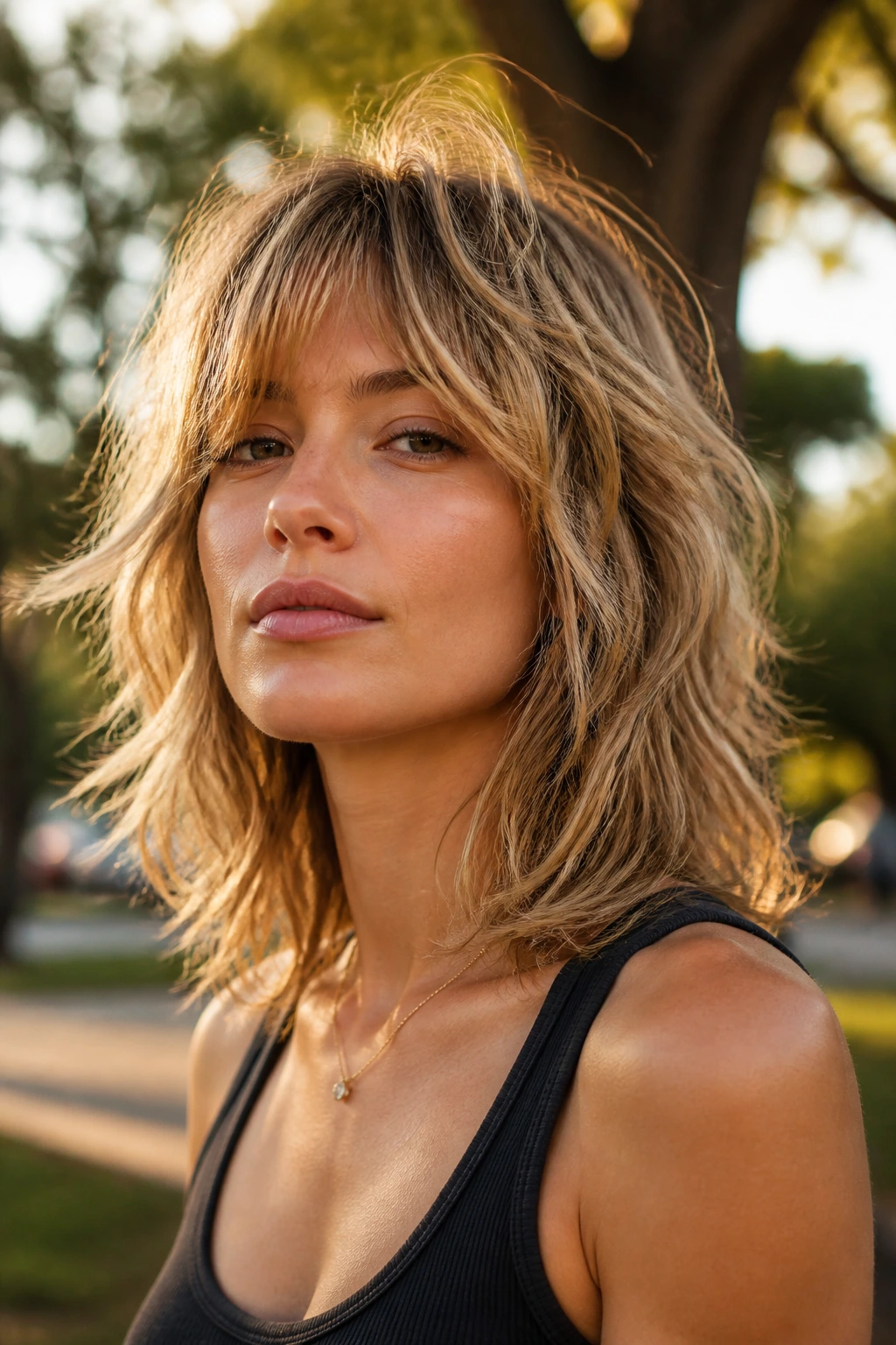 Portrait of a woman with crown lift and feathered ends in a sunset park