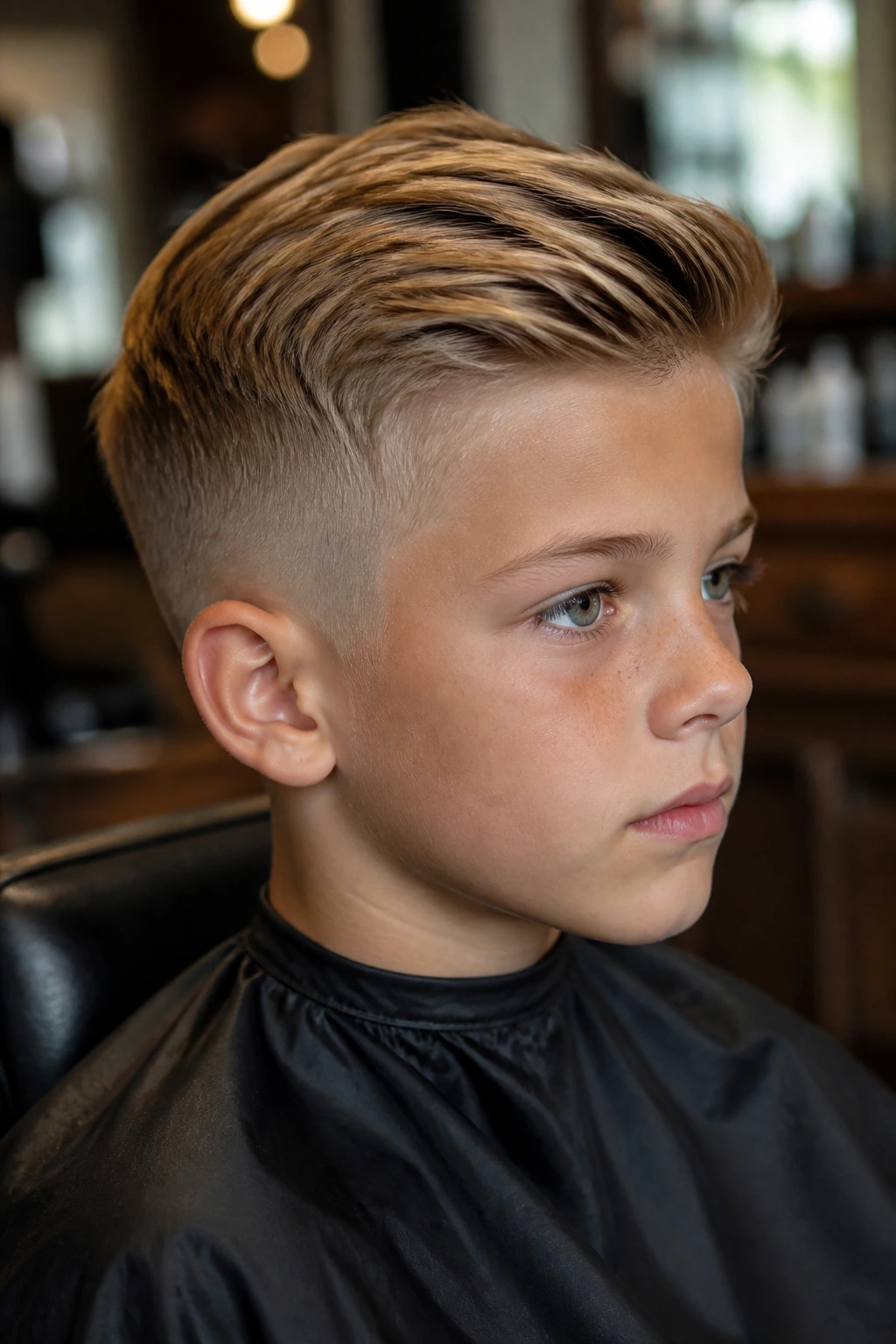 Portrait of a boy with a shaped haircut emphasizing crown and clean lines