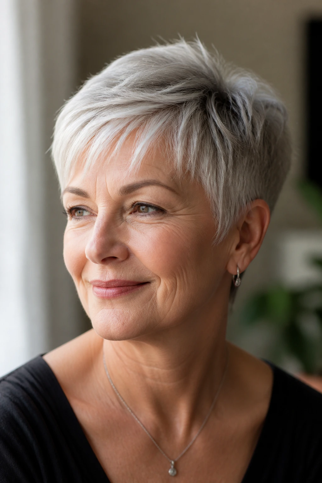 Close-up portrait showing a tailored short haircut that flatters the face