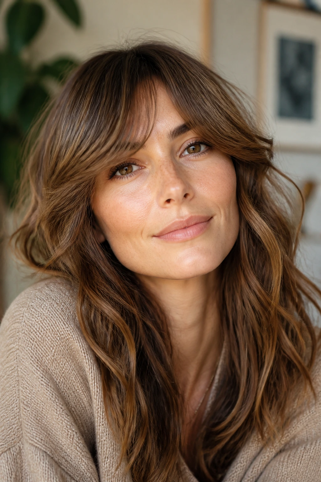 Real woman with adaptable long bangs that shift from curtain to side-swept