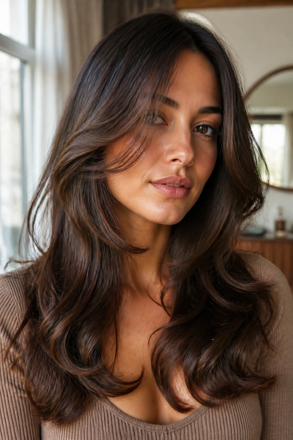Close-up of hair shaping the jawline and cheeks on a real person with natural window light.