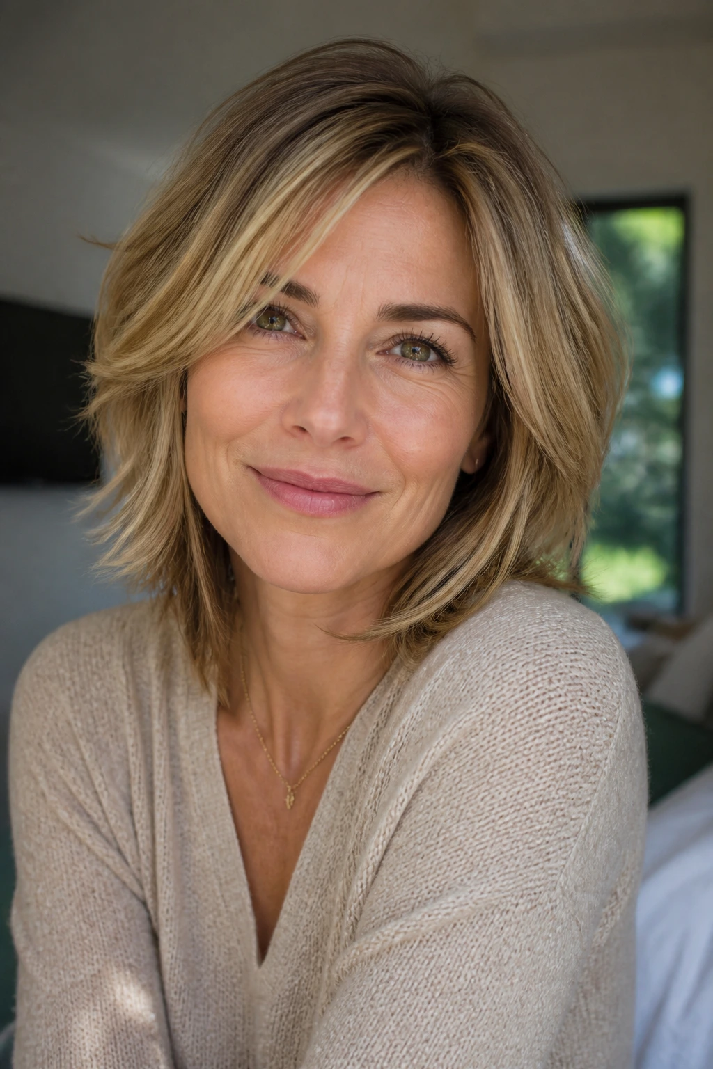 Close-up portrait of a real woman with a balanced layered haircut for a heart-shaped face