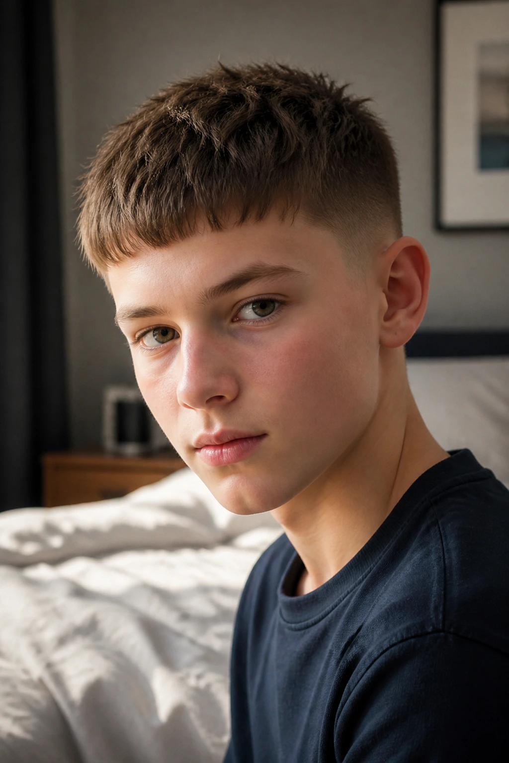 Close-up of a boy with a crisp French crop that holds its shape in morning light