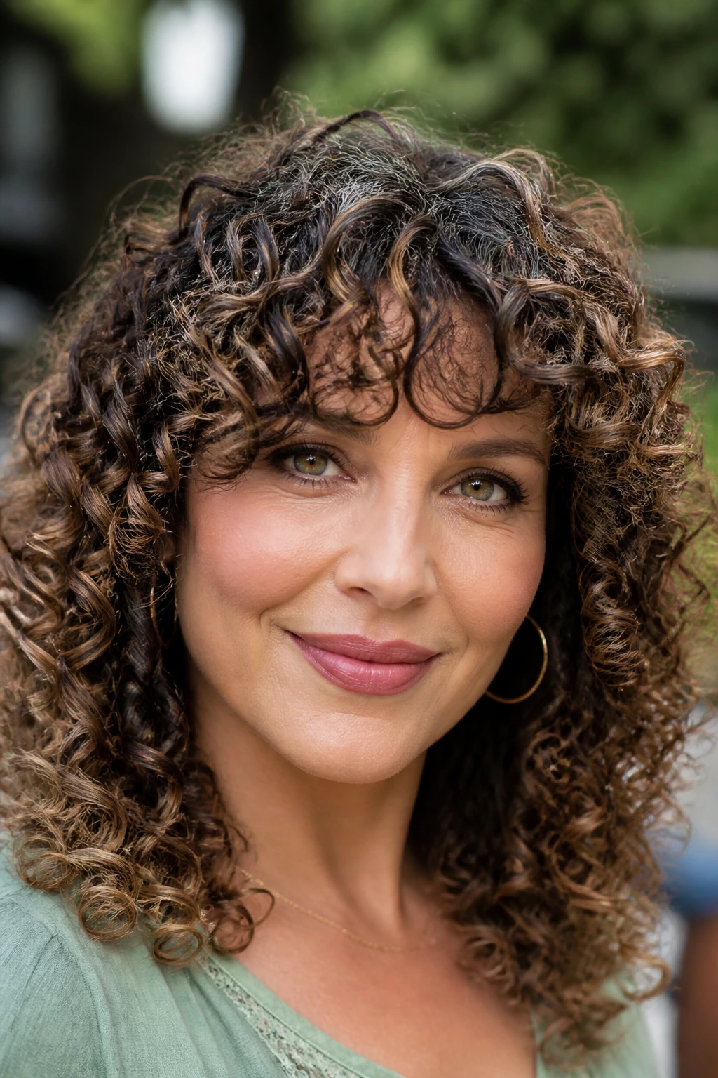 Real woman with shape-holding fringe outdoors in soft light