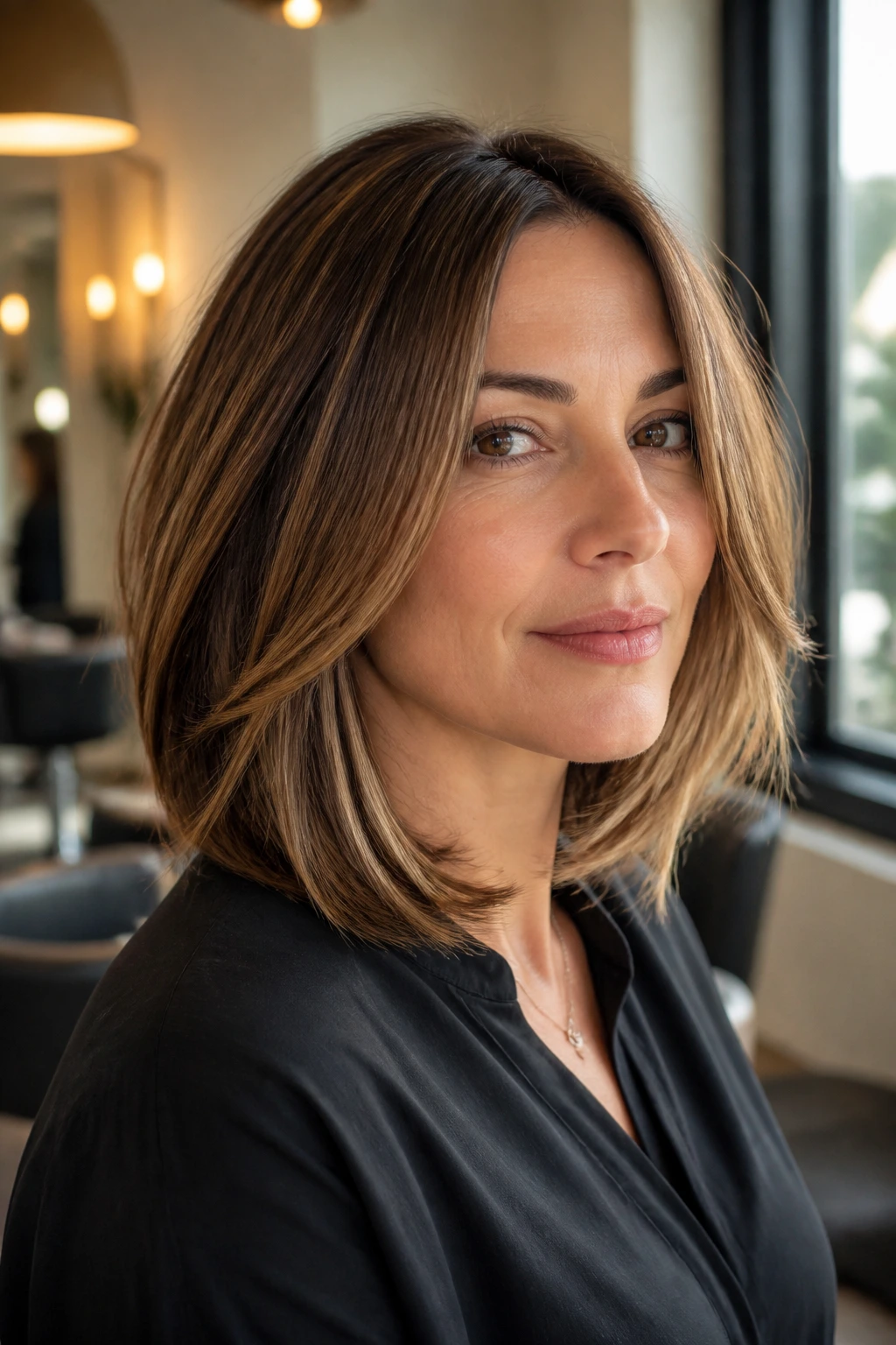 Close-up of real woman with a strong-perimeter shoulder-length bob showing durable shape and soft layers.