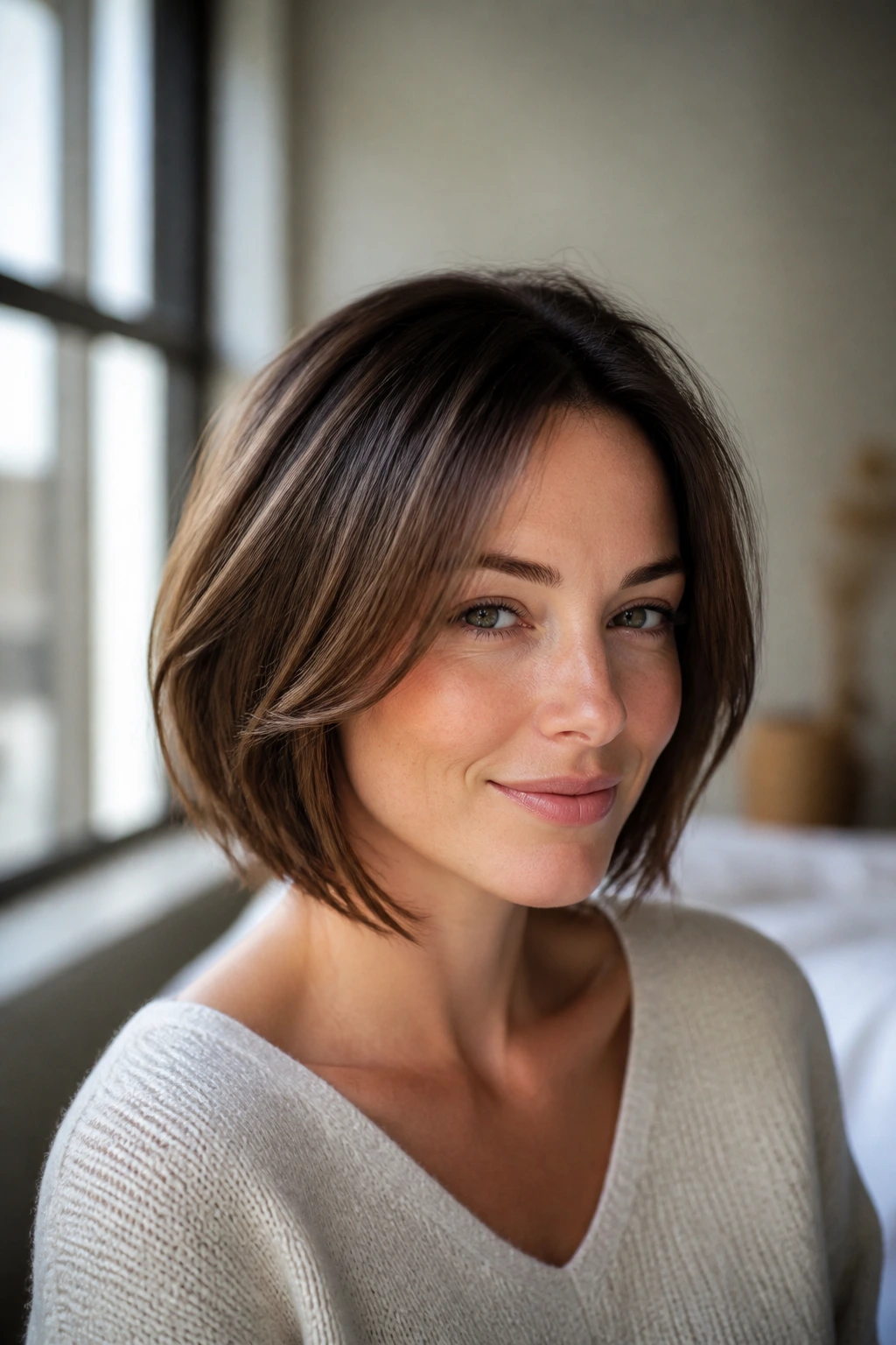 Close-up portrait of a real woman with defined perimeter and framing hair