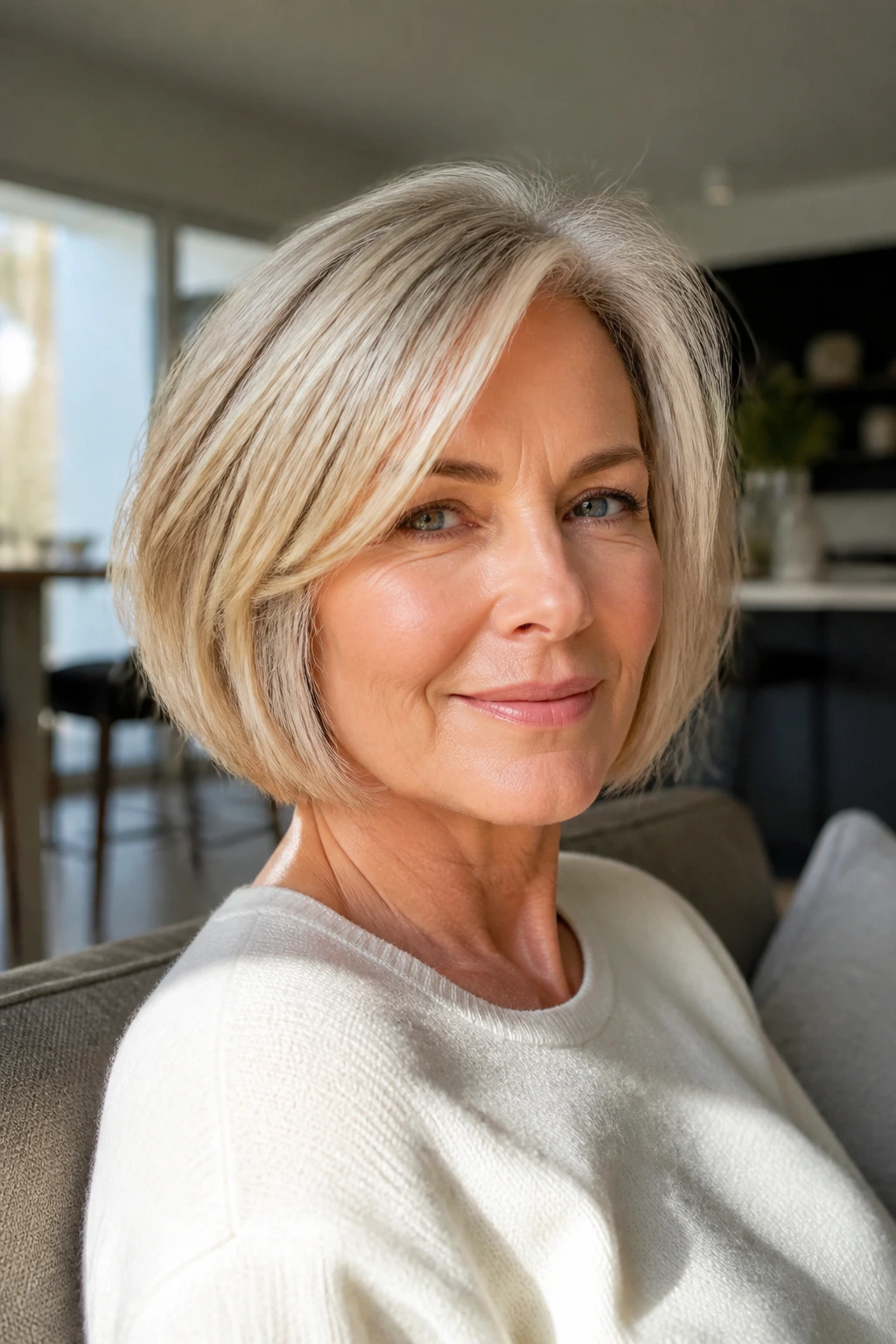 Portrait of a real woman showing a strong, well-shaped chin-length cut with lift at the crown.