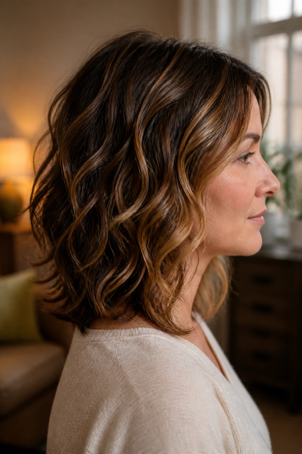 Side-profile of woman with layered wavy hair showing durable shape