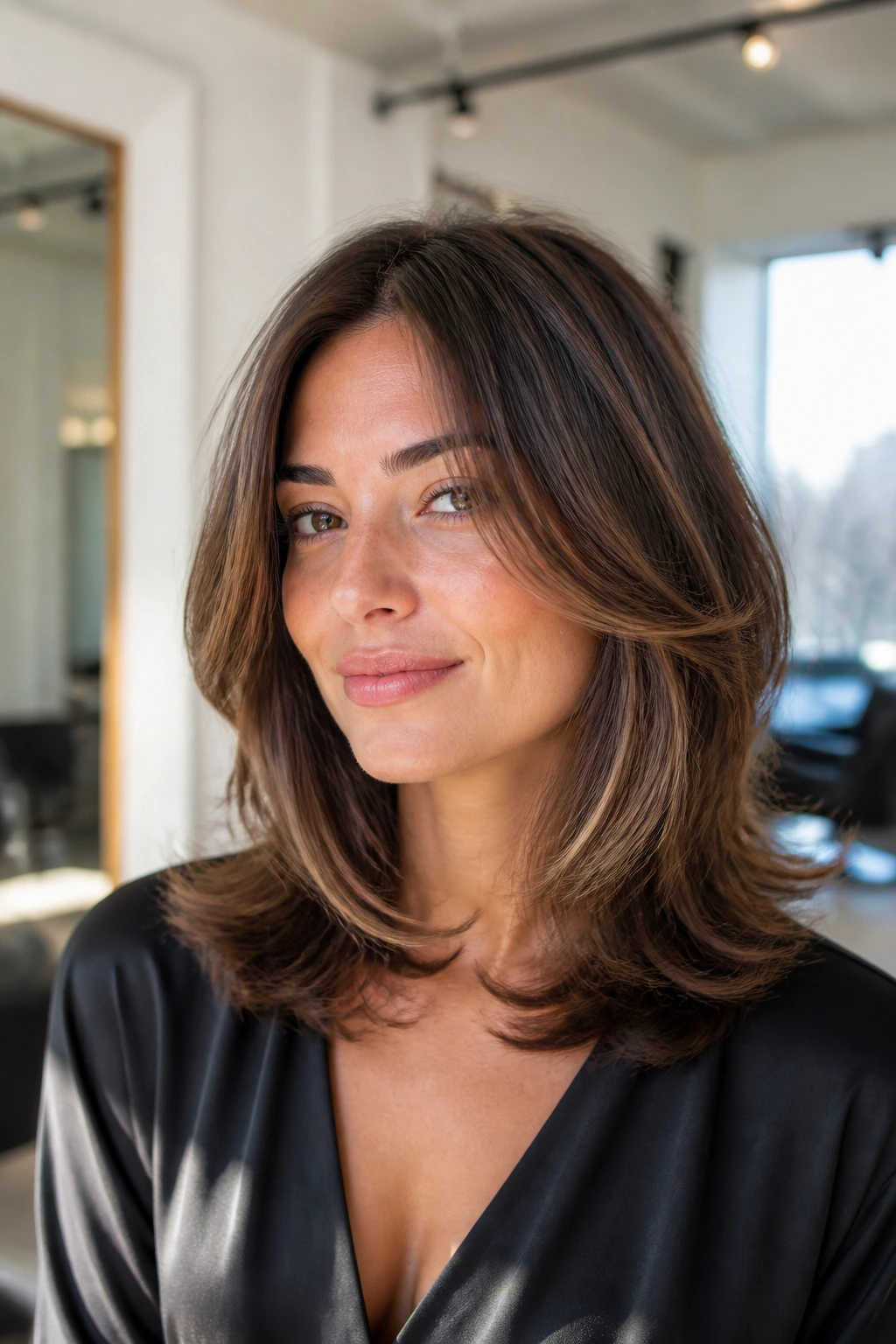Close-up portrait showing a cut that keeps its shape with feathered layers