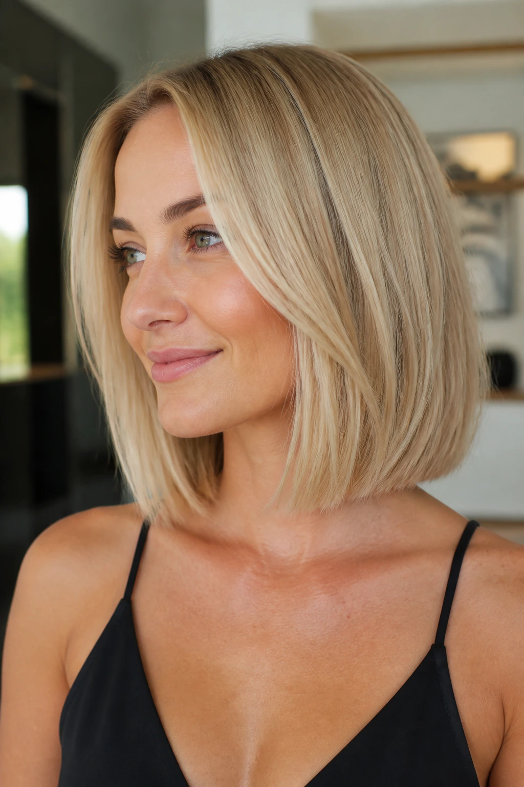 Head-and-shoulders portrait of a woman with a crisp, well-defined blonde lob