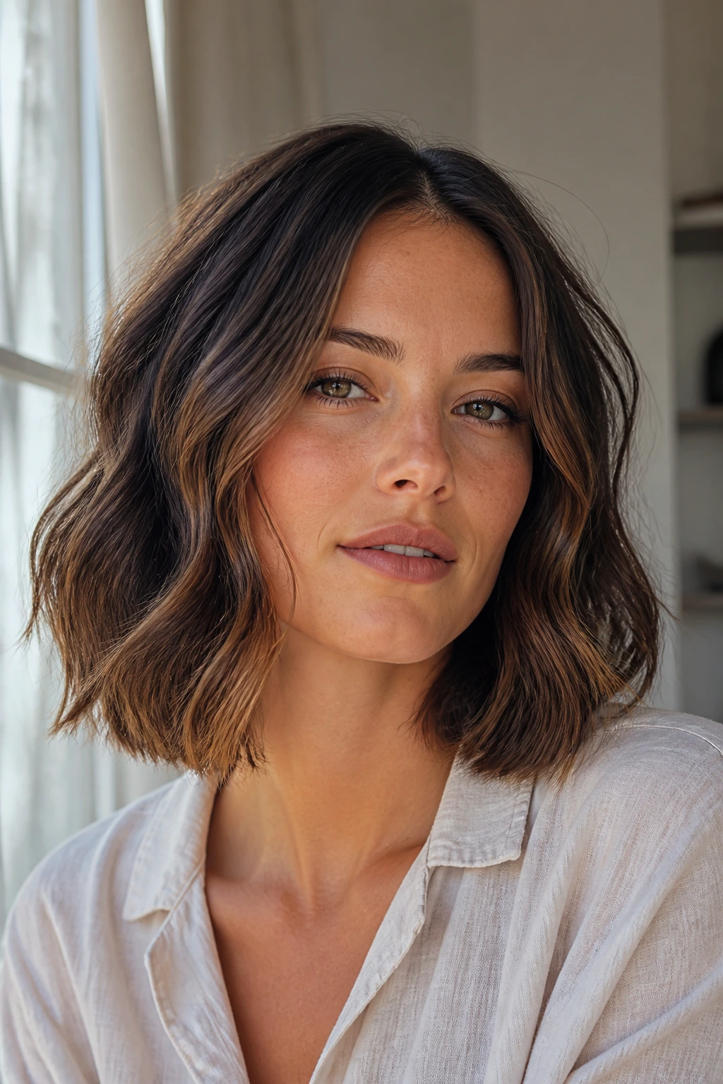 Portrait of a real person with a collarbone-length lob with defined waves that hold shape.