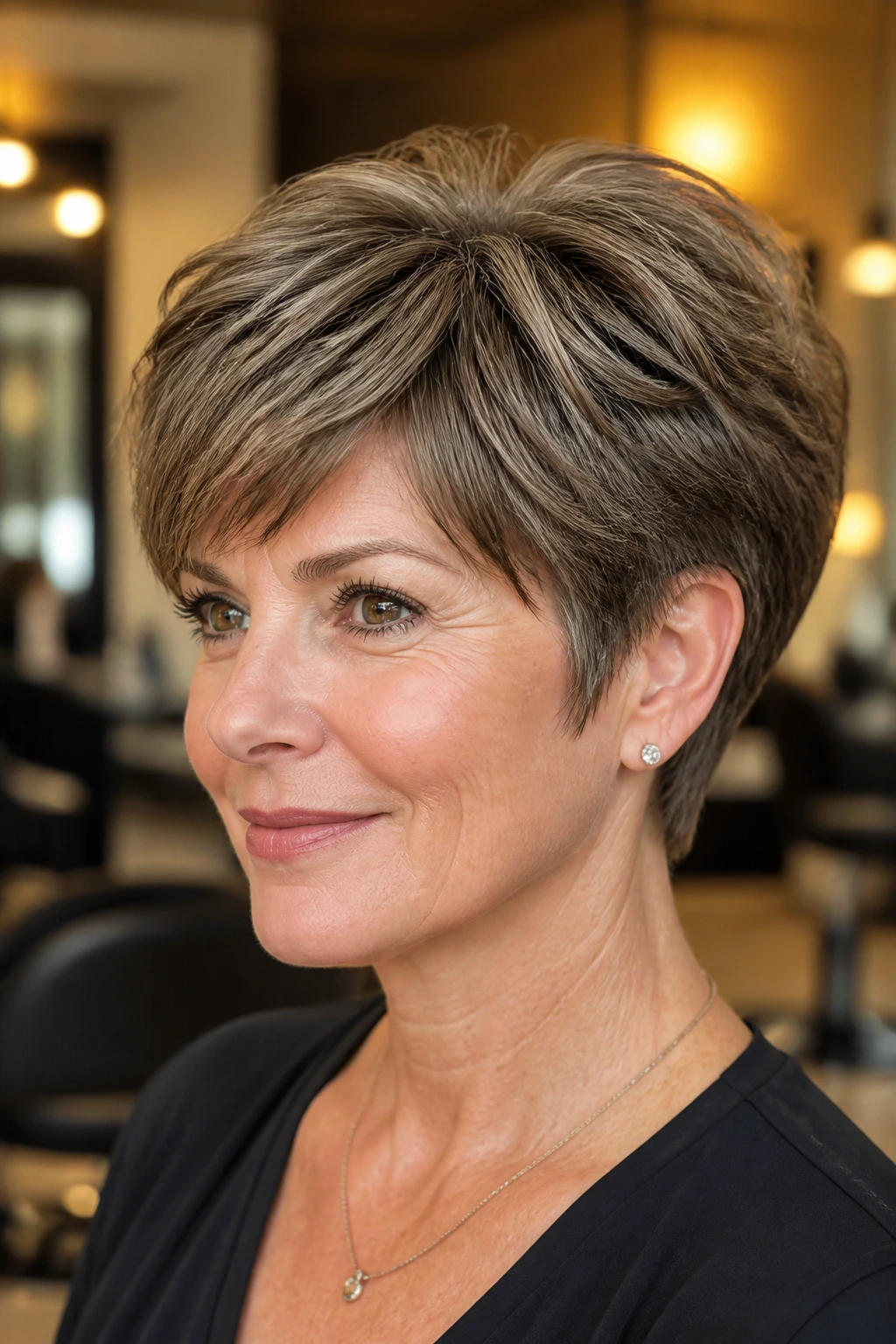 Portrait of a woman with a thick pixie cut in a salon setting, demonstrating shape retention