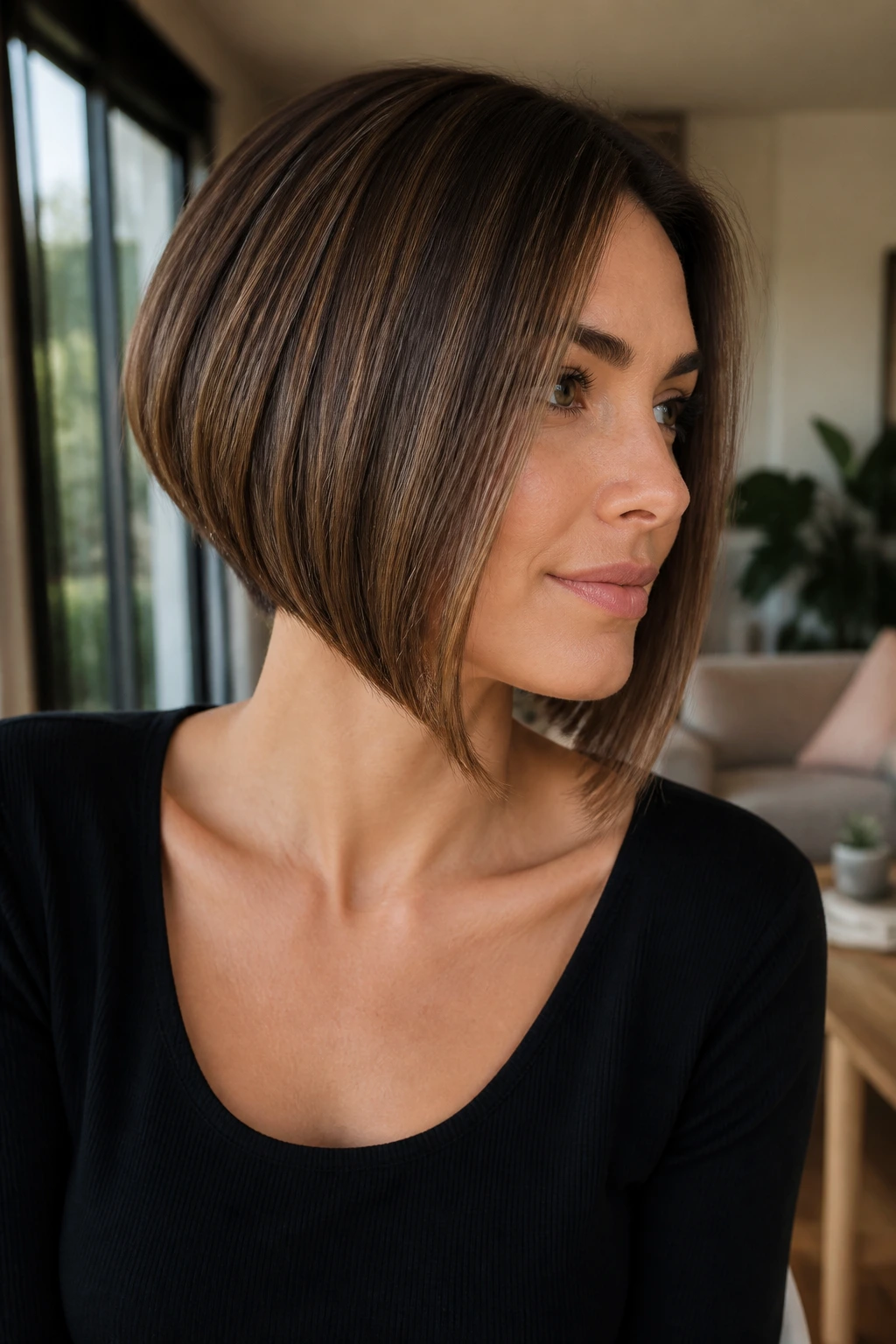 Real woman with crisp inverted bob line and soft front framing in living room light