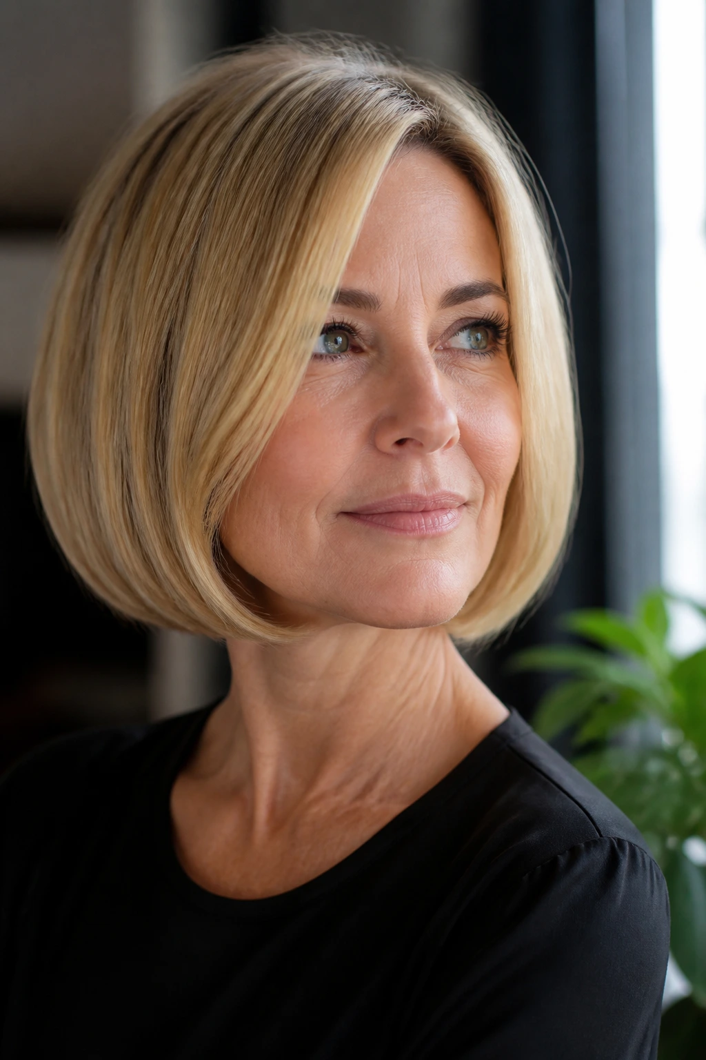 Close-up of a real woman with a crisp round bob keeping its lines in natural light