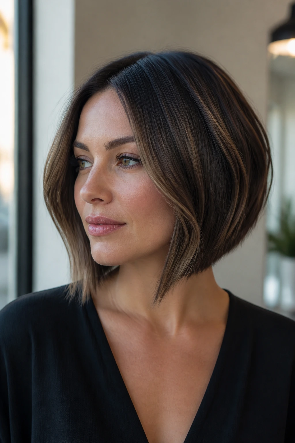 Real woman with crisp inverted bob line and shadowed underlayers