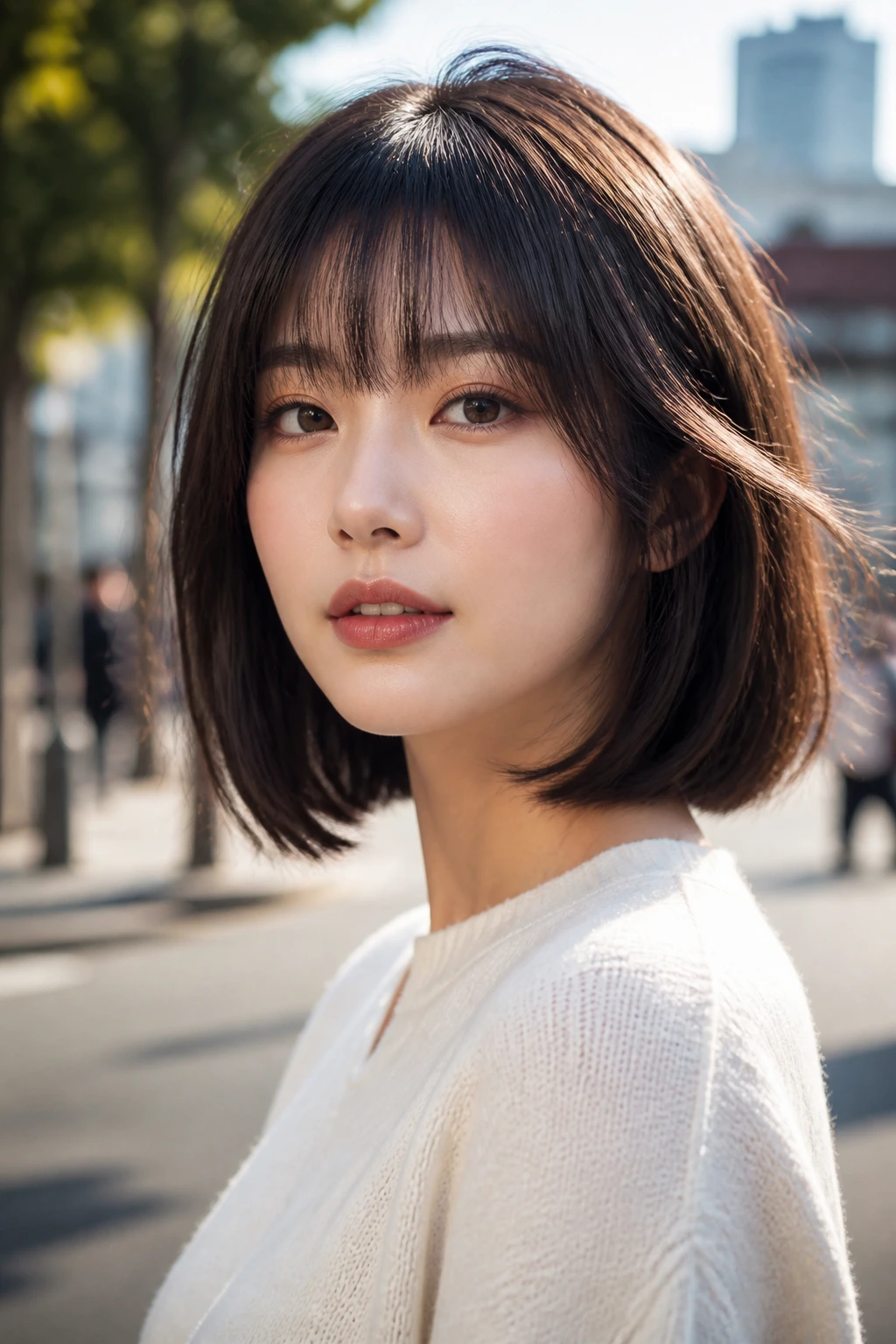 Portrait showing balanced lob with bangs on a real person.