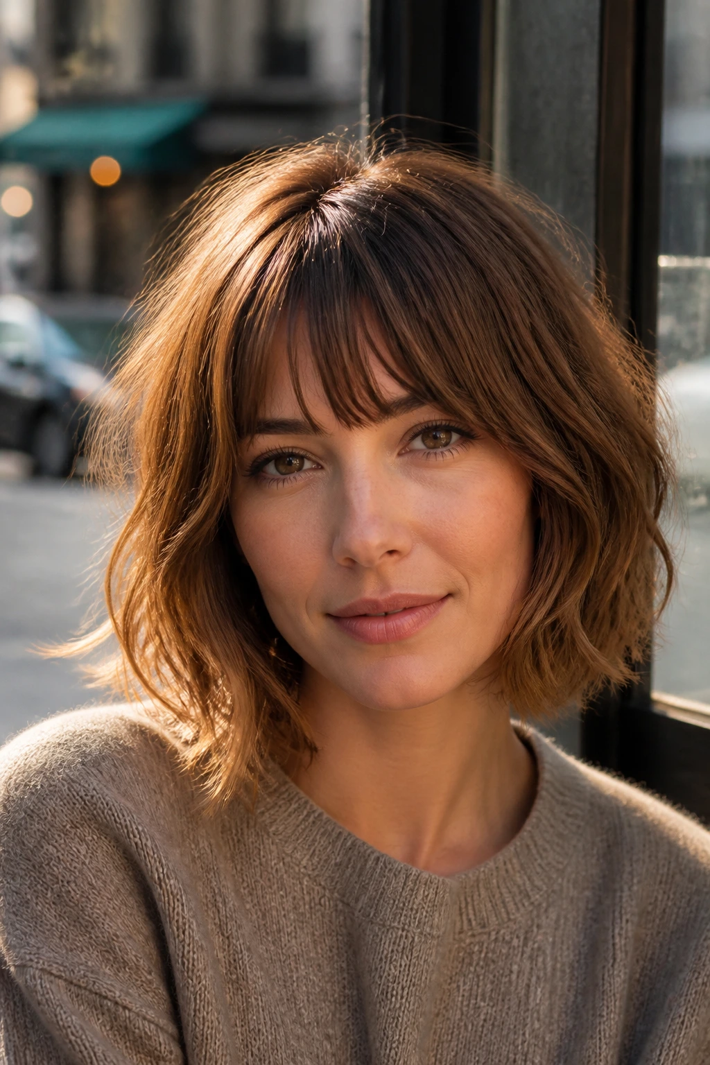 Portrait of person with balanced layered bob and bangs in cafe setting