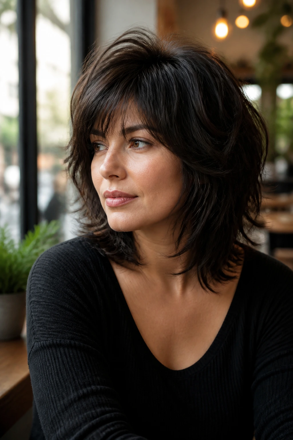 Portrait emphasizing crown lift and angled shape of a shag on a round-faced woman