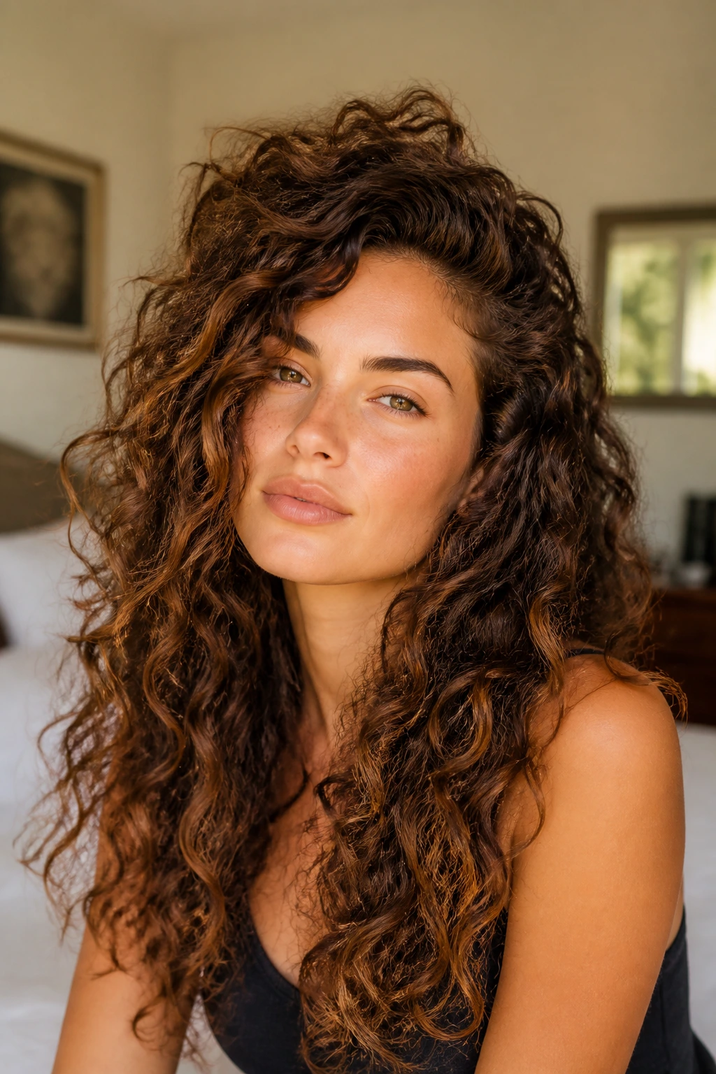 Close-up of a real woman showing lifted crown and defined long curls