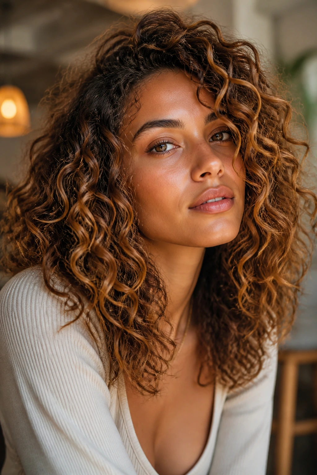 Close-up of a real woman with strong crown and flowing curls