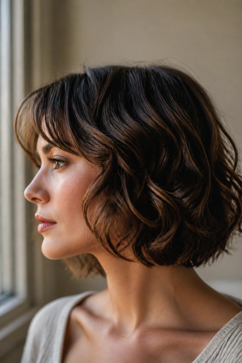 Close-up of neck-length hair with a defining shape on a real person