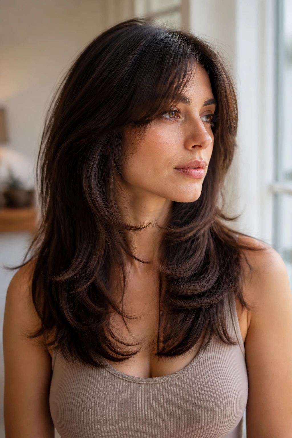 Portrait of a woman with layered thick hair looking lighter and balanced