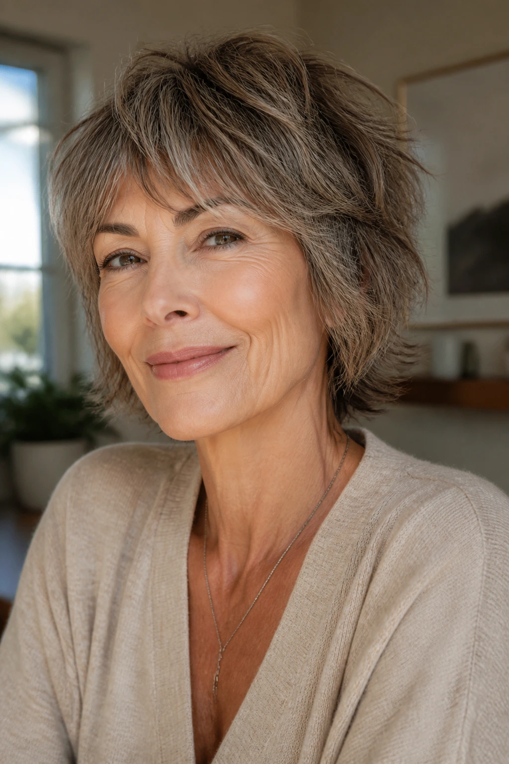 Real woman with a natural, flattering short thinning shag that feels like her