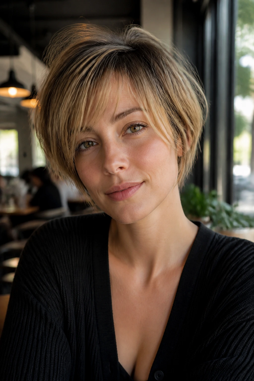 Portrait illustrating shape logic for fine hair on an oval-faced person