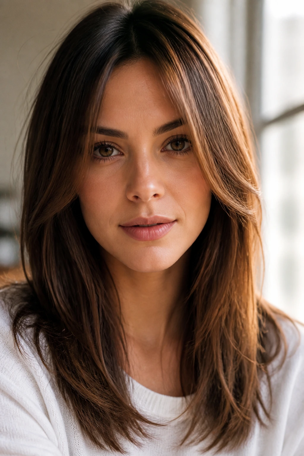 Close-up portrait showing hair framing forehead and jaw to illustrate shape logic