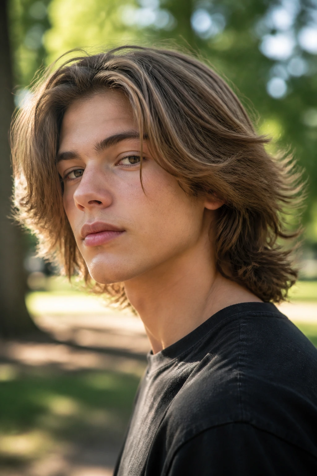Close-up of a real boy's head with a calm long hairstyle showing weight and movement in natural light.