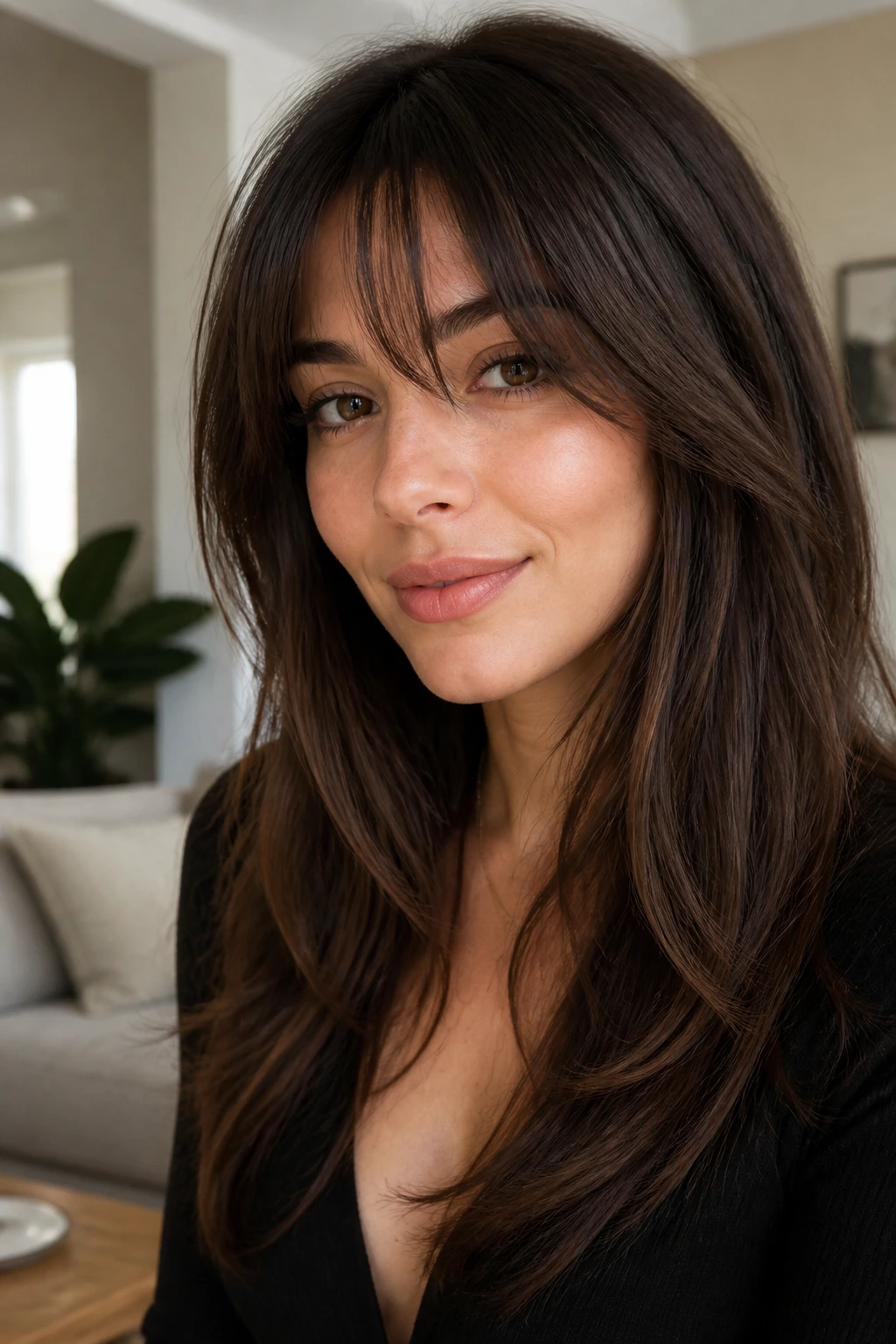 Medium close-up of a woman with long layers and bangs in soft daylight