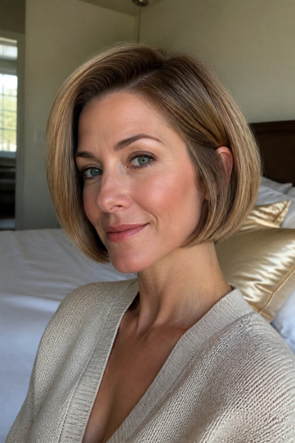 Close-up portrait of woman with crisp chin-length bob demonstrating shape retention between haircuts
