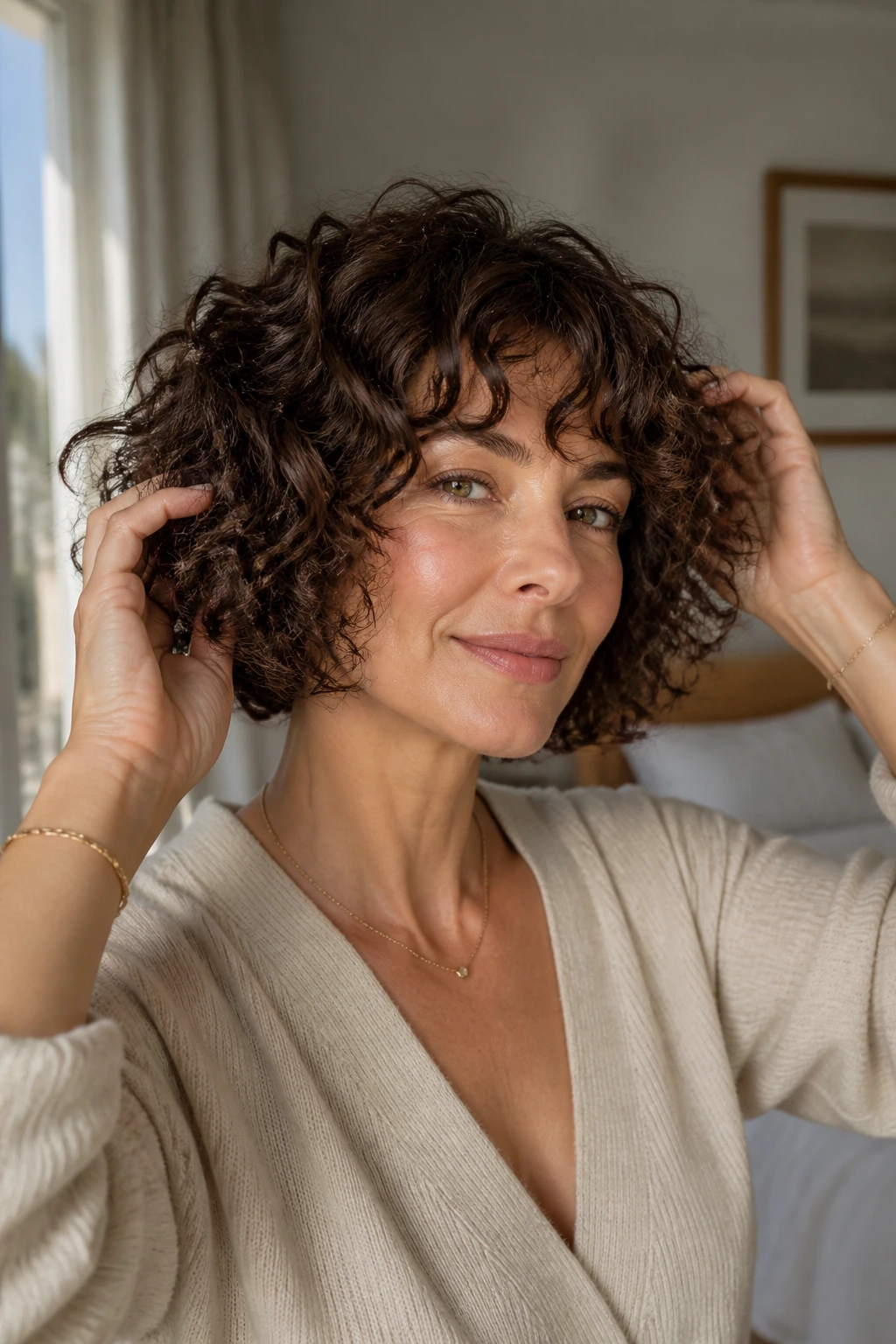 Close-up of a brunette curly bob held by a real woman in a cozy bedroom