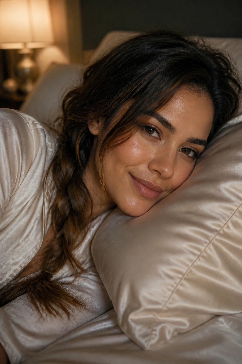 Close-up of long textured hair in a loose side braid on satin pillow in bedroom