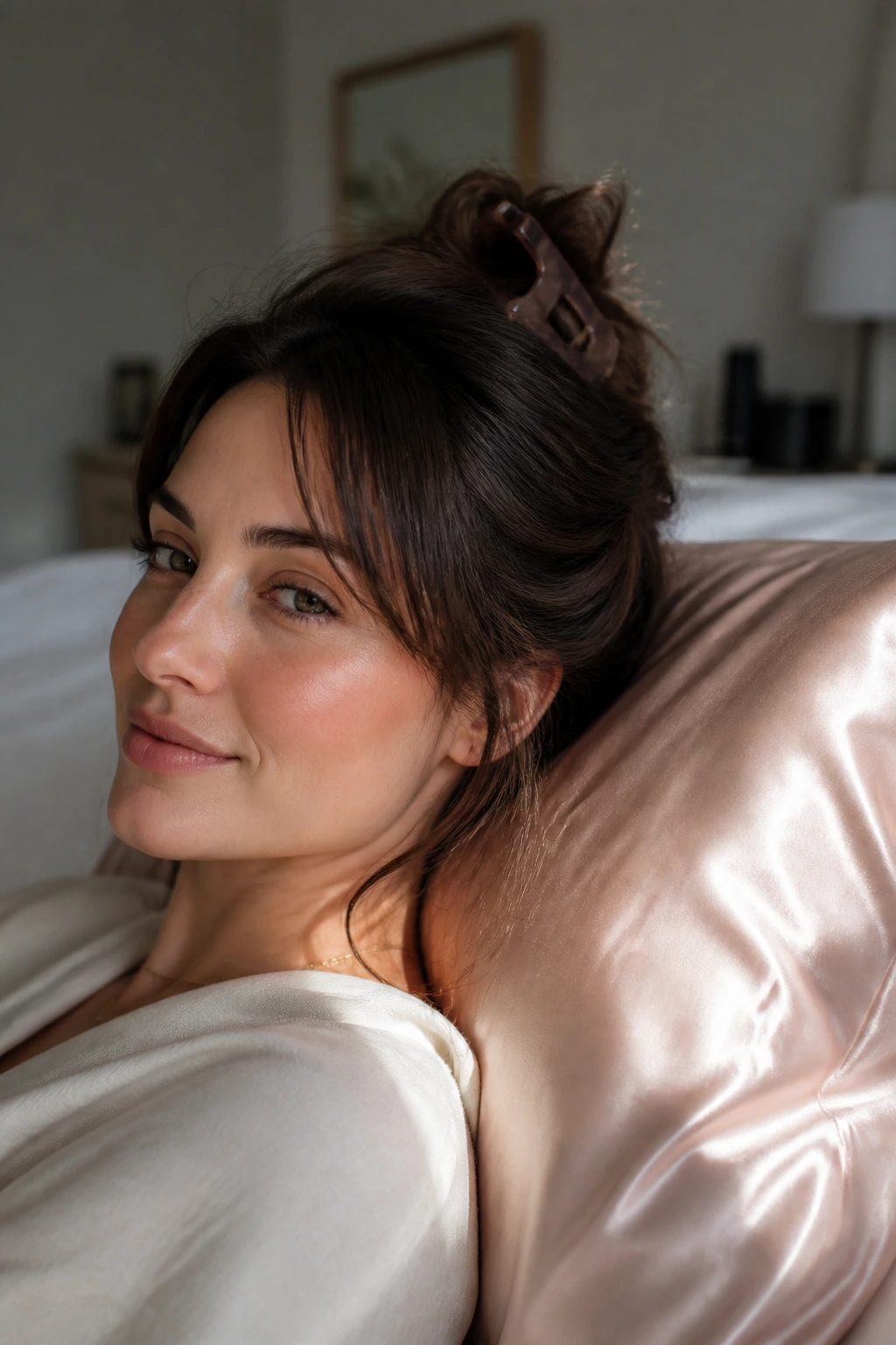 Portrait of a real woman with hair kept in shape using a loose clip and silk pillowcase