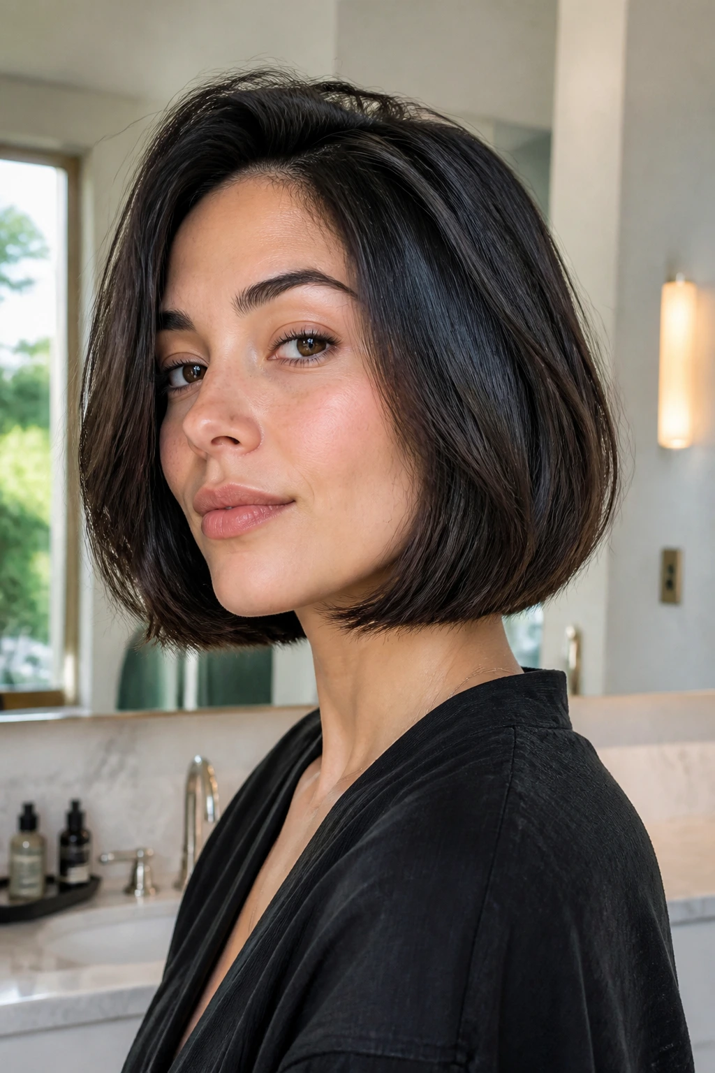 Close-up portrait of a real person with a neatly defined bob maintaining its shape