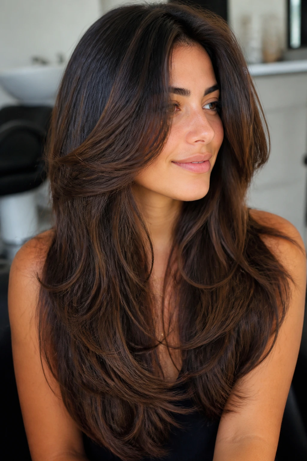 Close-up portrait of a real woman with long thick layered hair in a salon setting