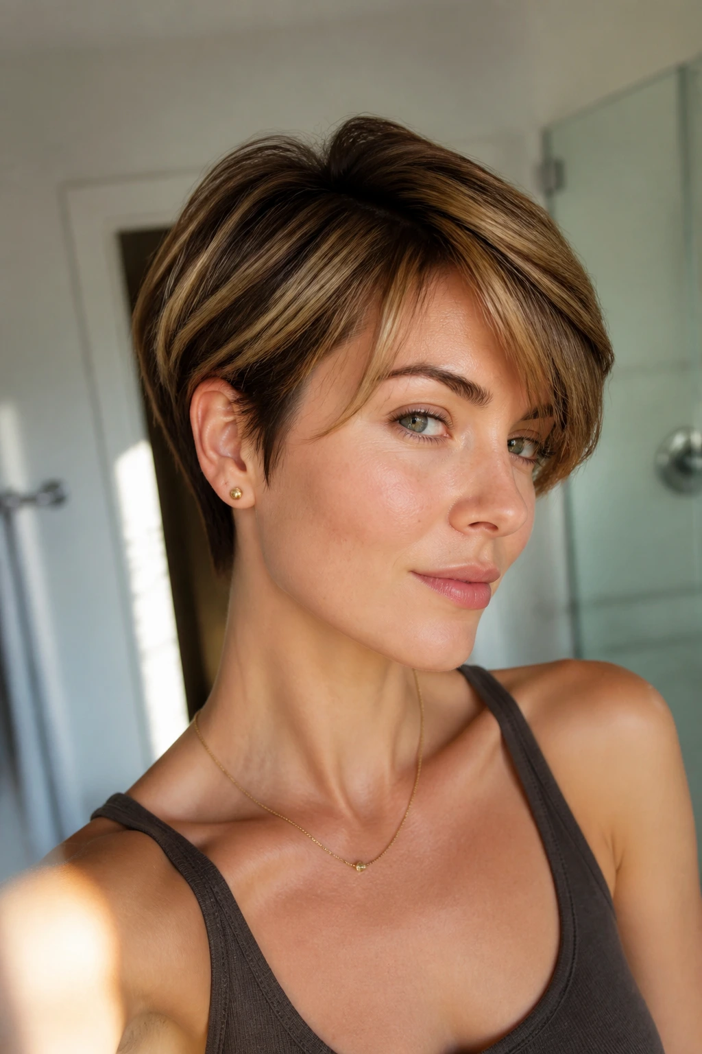 Portrait of person with neat shape-maintained short haircut