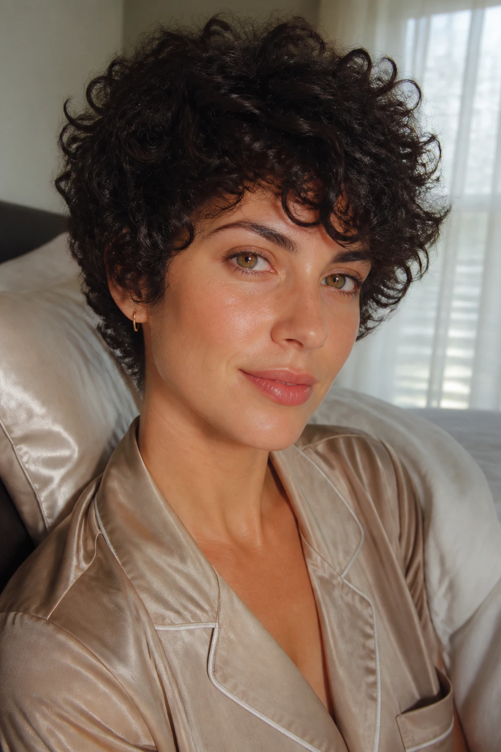 Portrait of a person showing a crisp curly bixie shape with crown lift