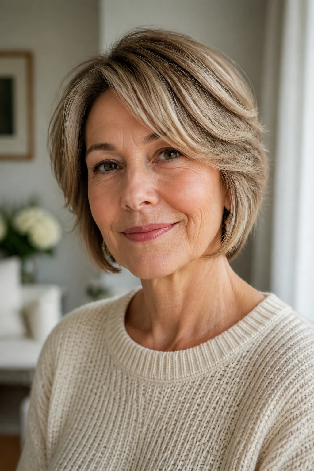 Close-up of a real woman with well-maintained hair shape in a home setting