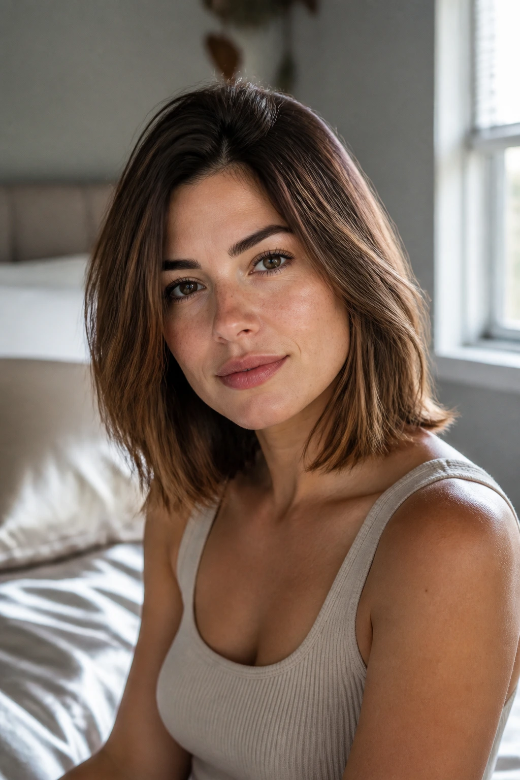 Close-up portrait of a real woman with collarbone-length lob and lifted crown in a bedroom